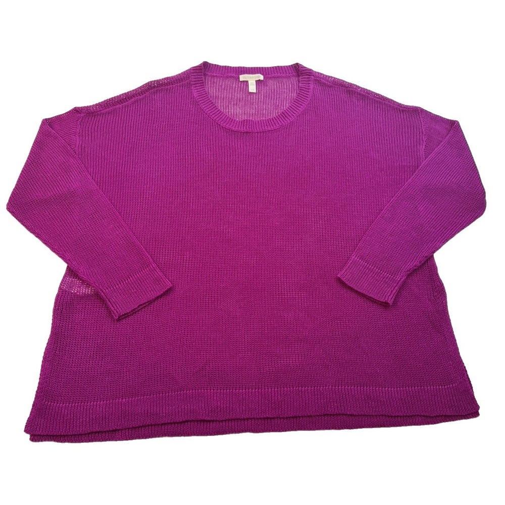 Eileen Fisher Women's L Organic Linen Open Knit Sweater Magenta Oversized Boho